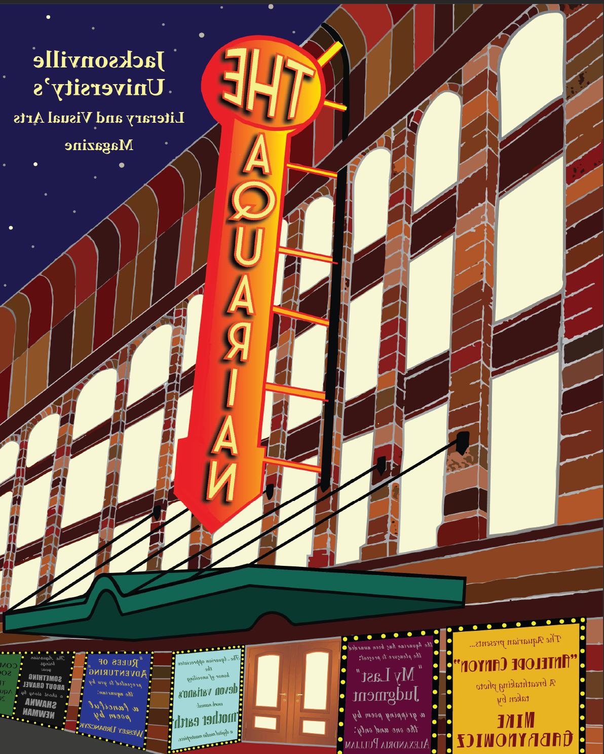 2018 cover. Depicts a New York Broadway style red brick building with a lit up sign that says "The 宝瓶座时代的"