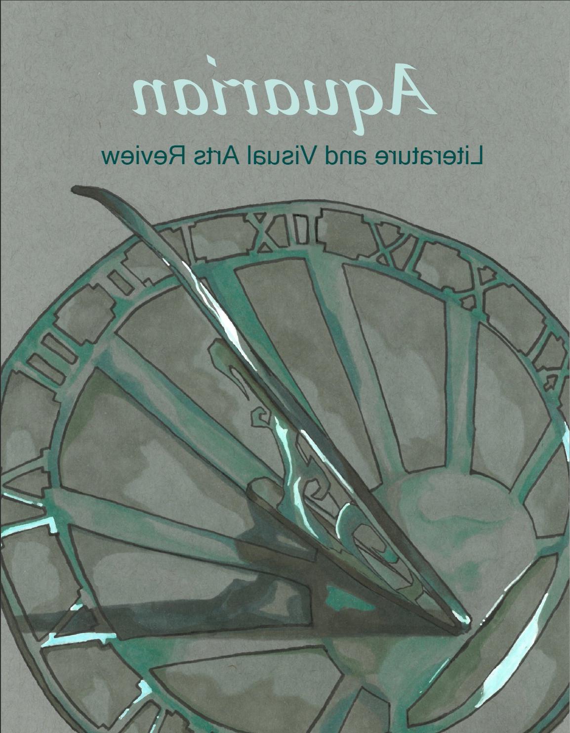 The 2020 Cover. It is monochrome green with a sundial taking up the bottom half of the cover. The top has the title 宝瓶座时代的, Literary and Visual Arts Review