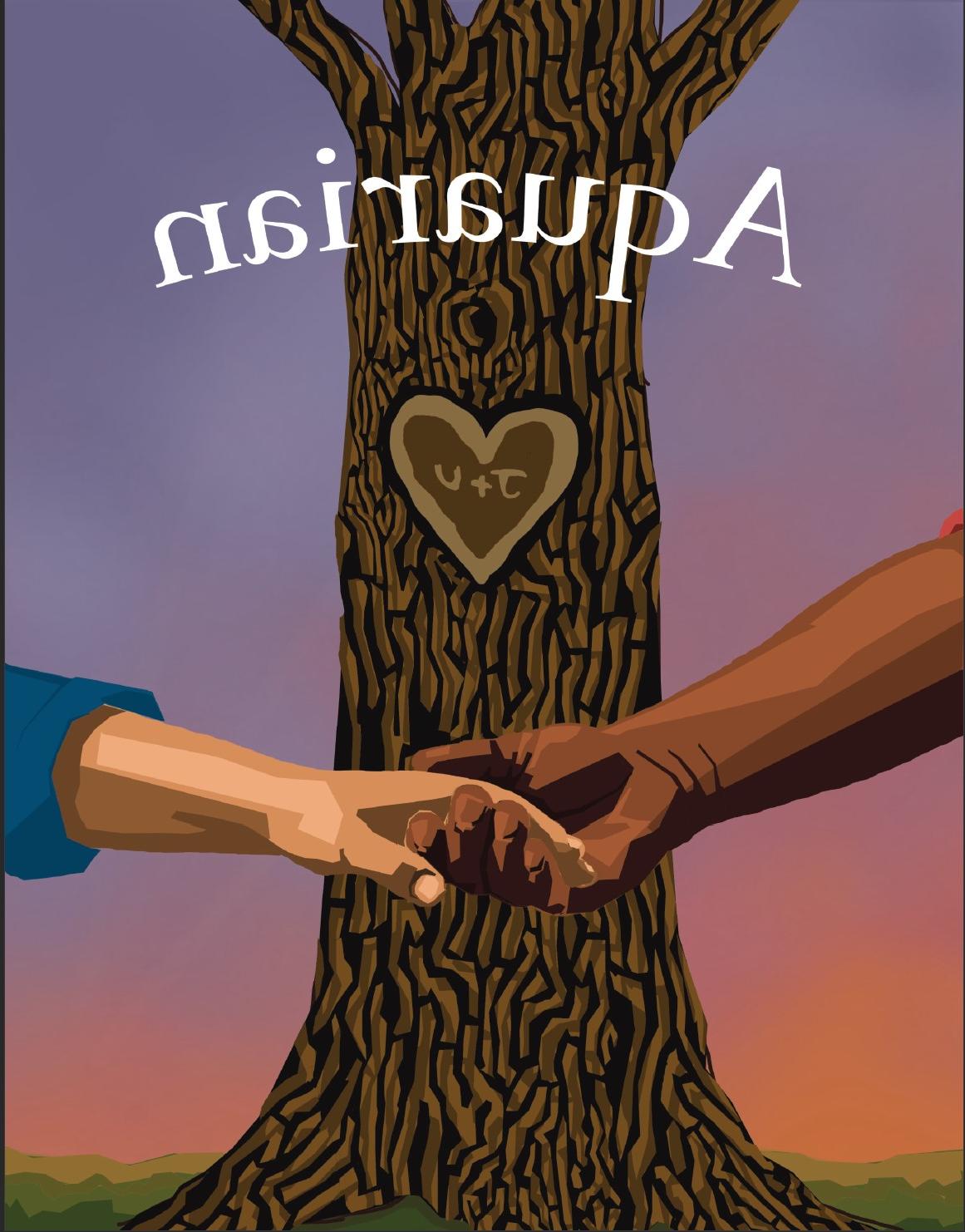The cover. In white text over a digitally drawn image, the word 宝瓶座时代的 is rounded. Behind that, there is a brown tree with the letters J + U in a heart are carved. In front of the tree and below the title, are to hands clapsed together. Behind the tree is a colorful sunset with green grass.