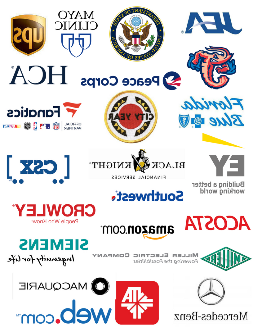 A collage of employers' logos, including Mayo Clinic, JEA, UPS, CSX, Amazon, the Department of State, Florida Blue, and Black Knight Financial.